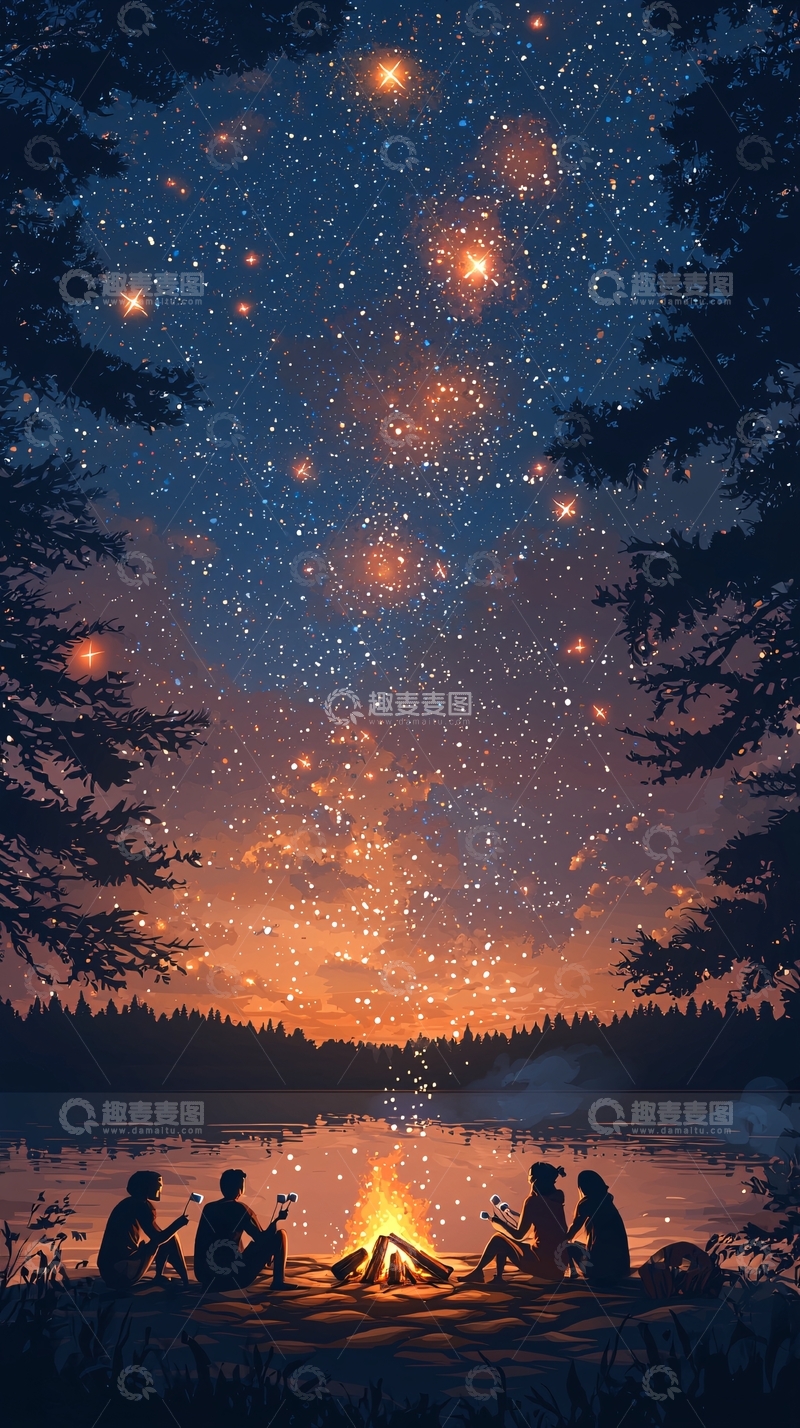 高清大图下载【趣麦麦图】星空下湖边篝火夜谈