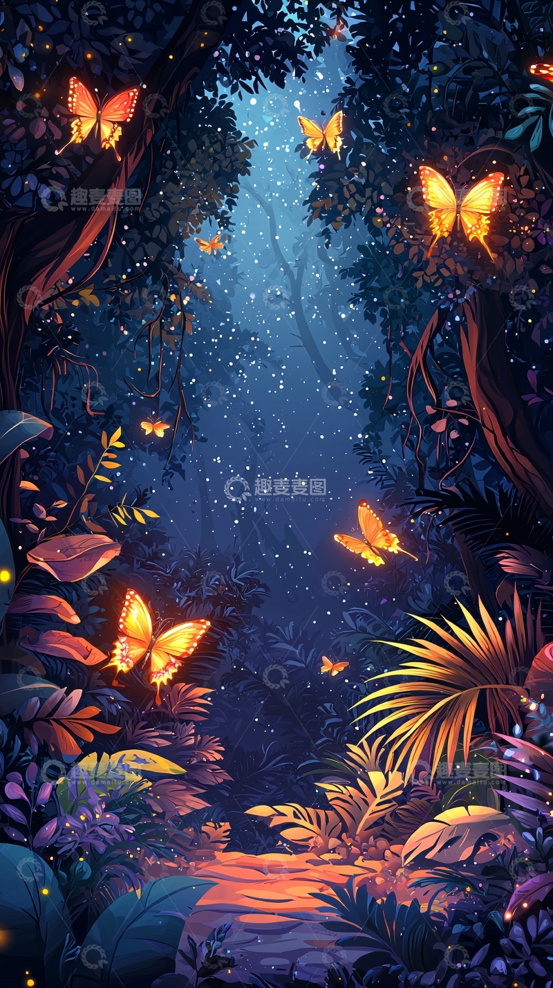 高清大图下载【趣麦麦图】发光蝴蝶在夜间森林