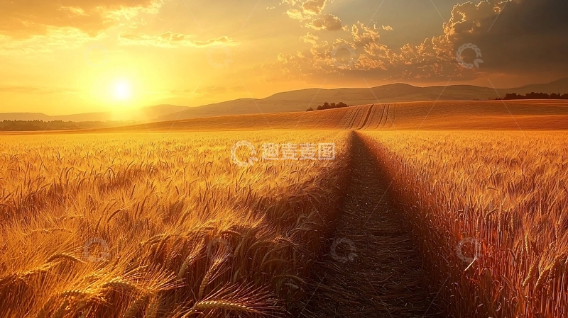 高清大图下载【趣麦麦图】金黄麦田日落剪影