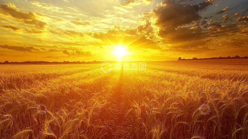 高清大图下载【趣麦麦图】金黄麦田日落景色