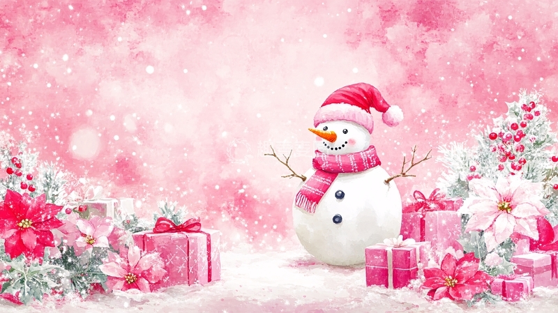 高清大图下载【趣麦麦图】粉色背景圣诞雪人