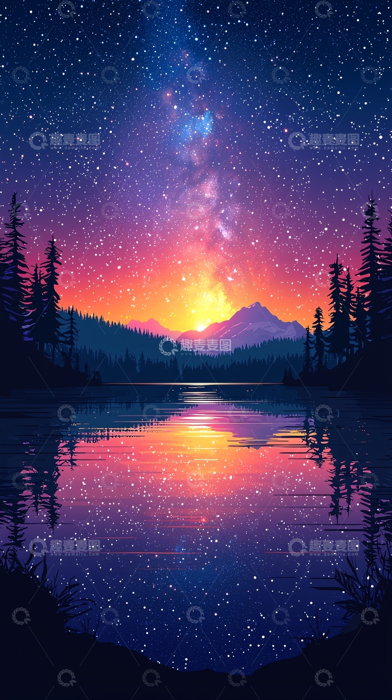 高清大图下载【趣麦麦图】绚烂星空倒映在湖面