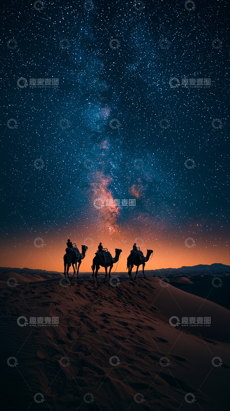 高清大图下载【趣麦麦图】沙漠中骆驼队星空剪影