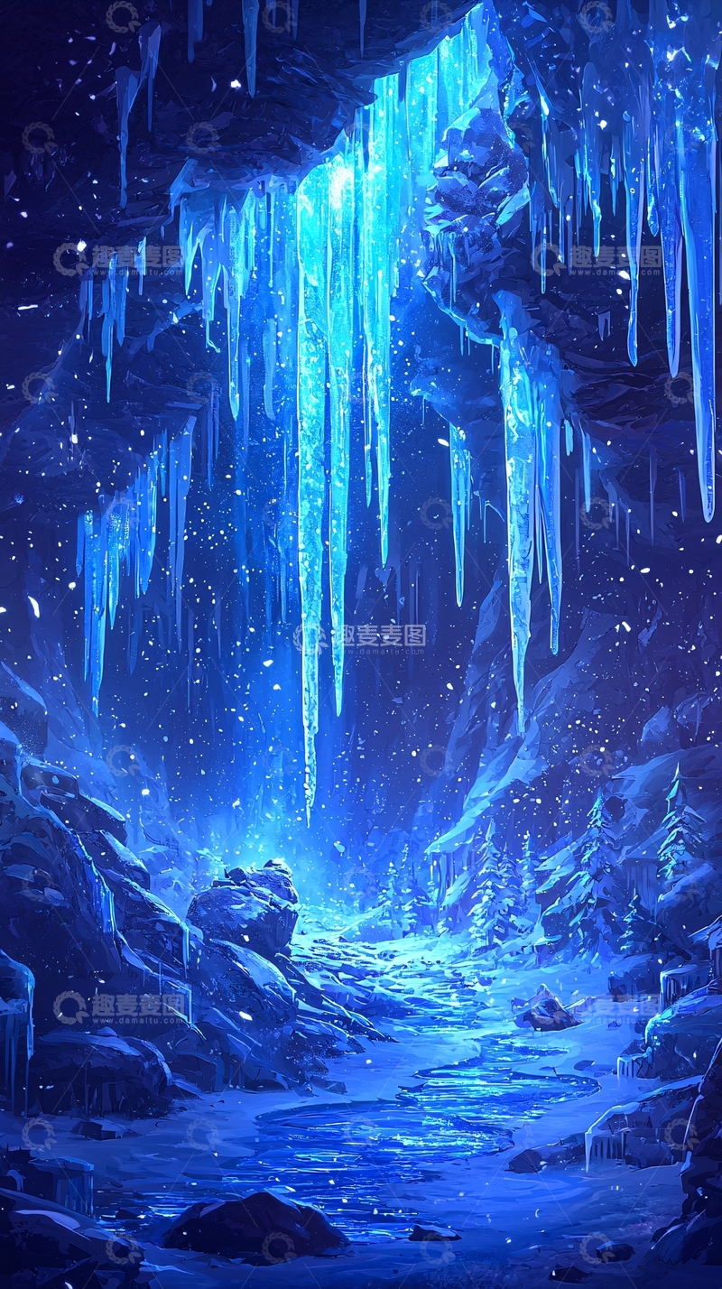 高清大图下载【趣麦麦图】蓝色冰柱洞穴仙境