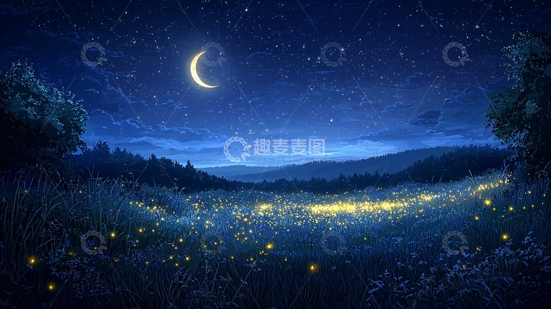 高清大图下载【趣麦麦图】夜空萤火虫梦幻田园