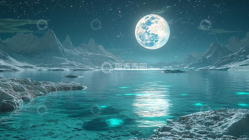 高清大图下载【趣麦麦图】极地冰湖梦幻月夜