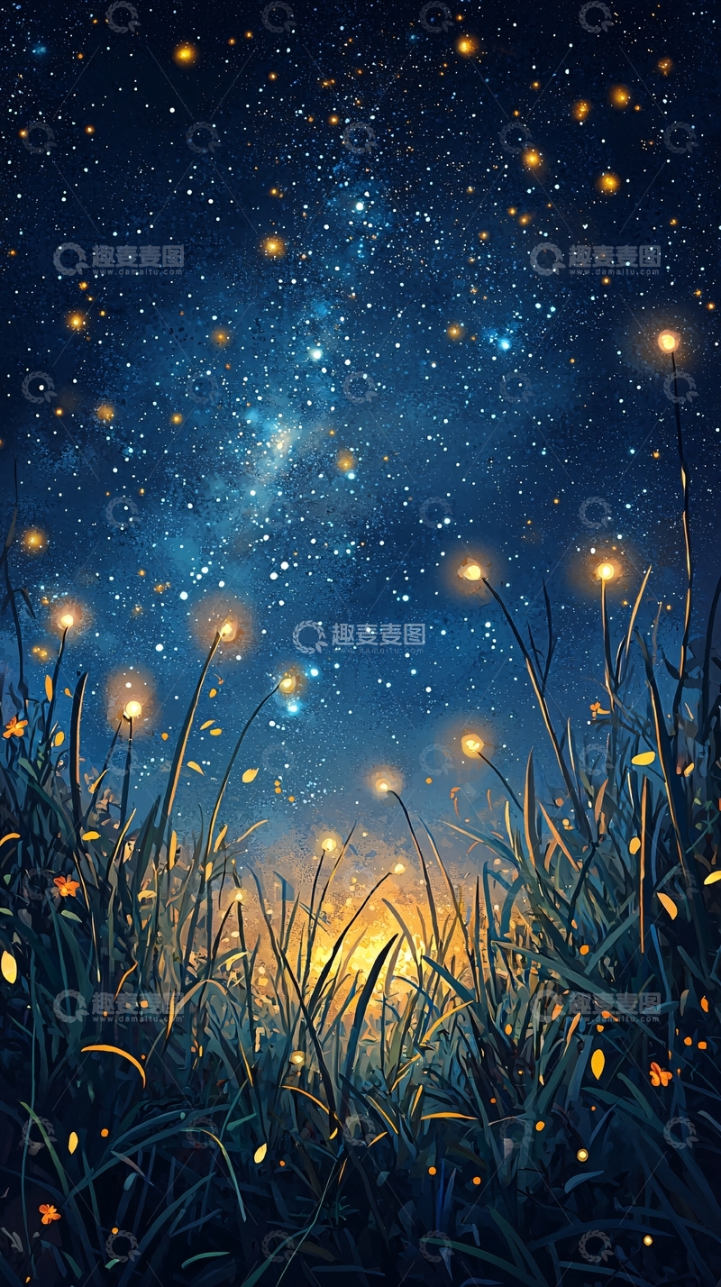 高清大图下载【趣麦麦图】萤火虫与星空下的草地
