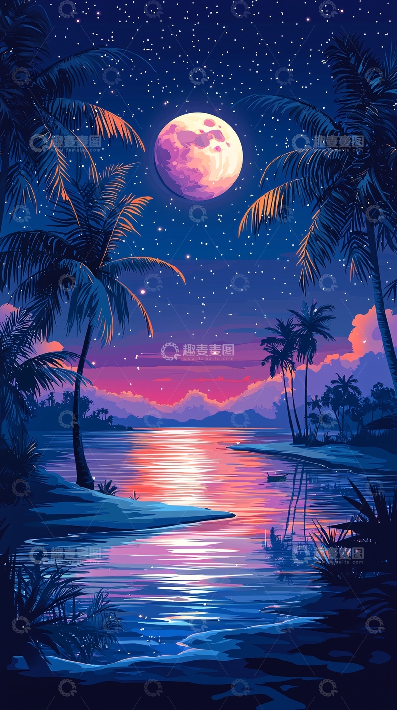 高清大图下载【趣麦麦图】热带夜晚的月光海景