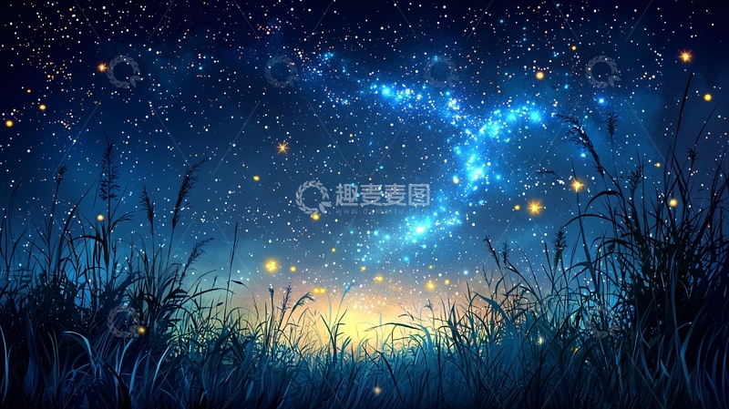 高清大图下载【趣麦麦图】萤火虫与星空下的草地
