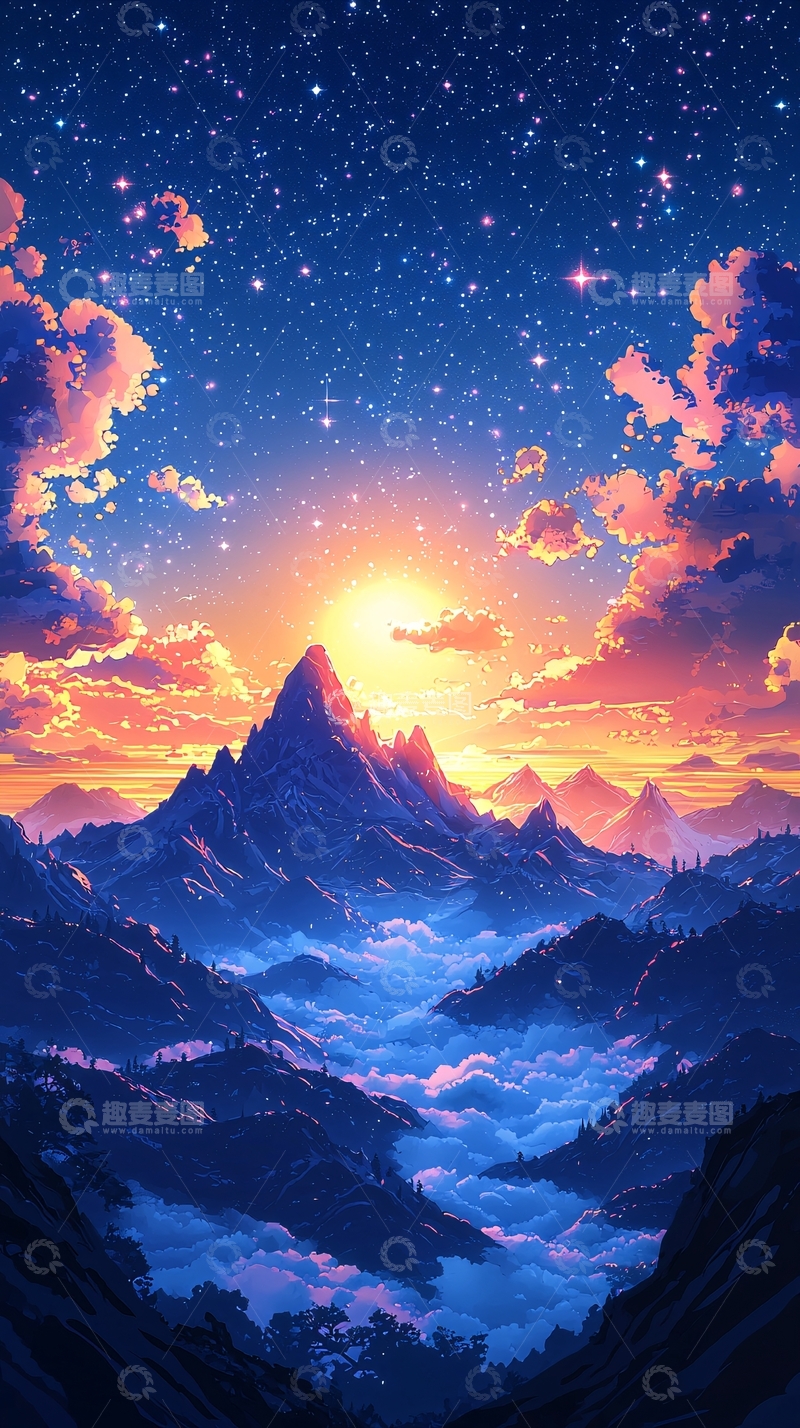 高清大图下载【趣麦麦图】星空下的山峰日出
