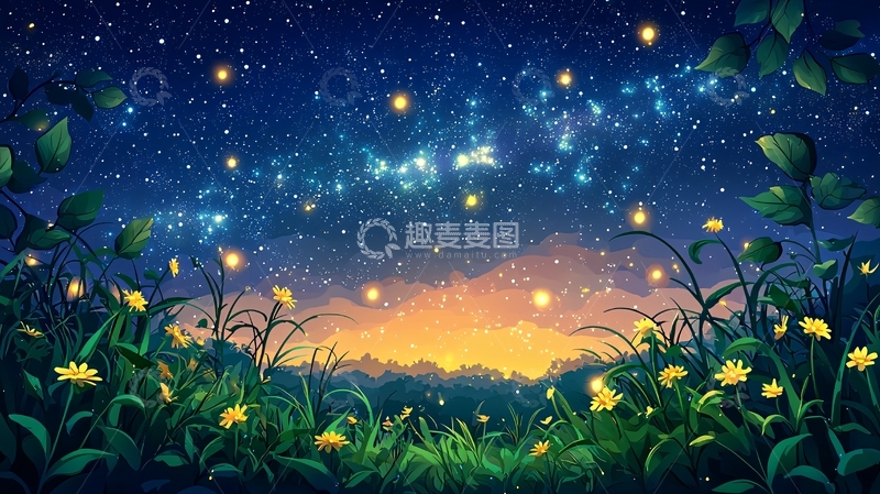 高清大图下载【趣麦麦图】萤火虫与星空下的花田
