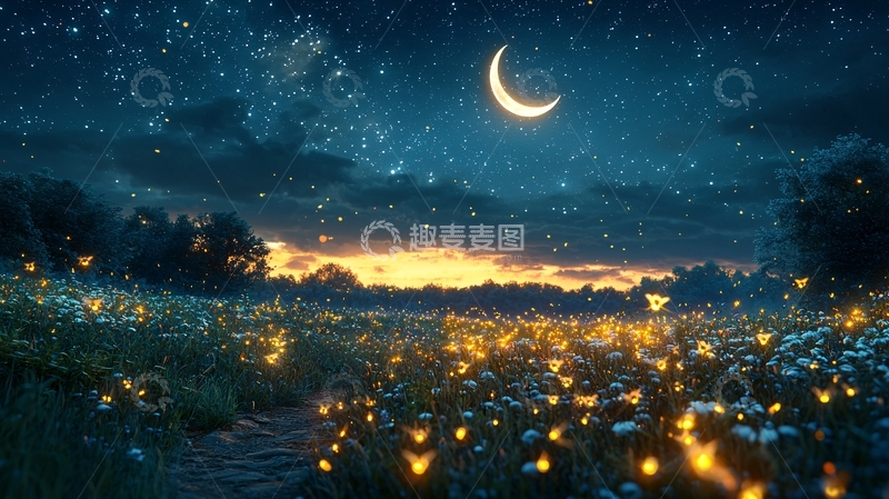 高清大图下载【趣麦麦图】月夜星空下的田野灯光