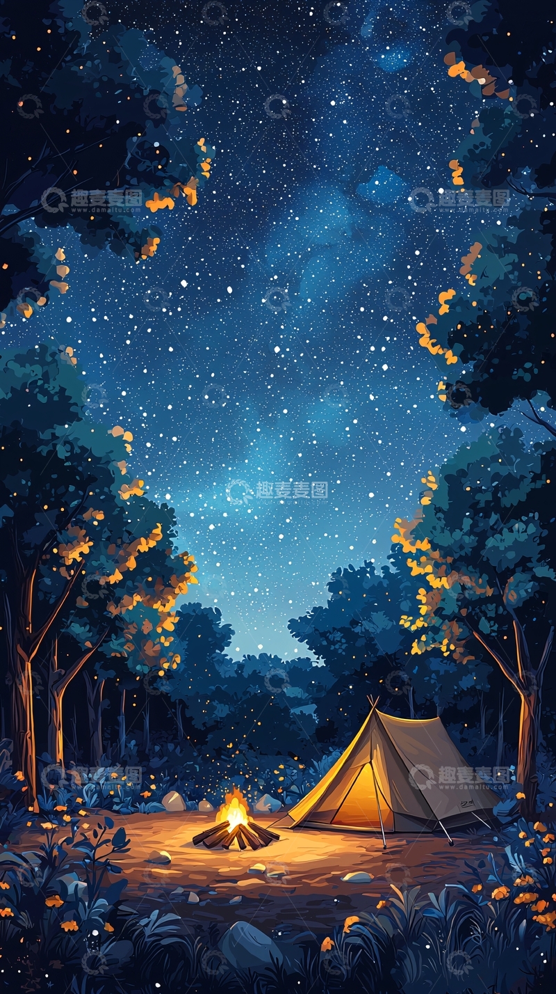 高清大图下载【趣麦麦图】星空下森林里的露营地