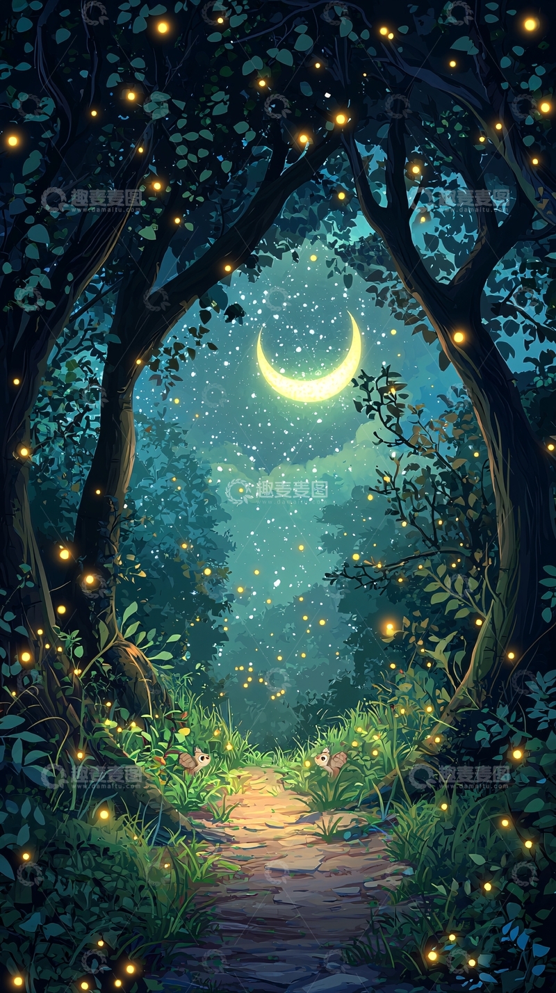 高清大图下载【趣麦麦图】月光森林小路萤火虫