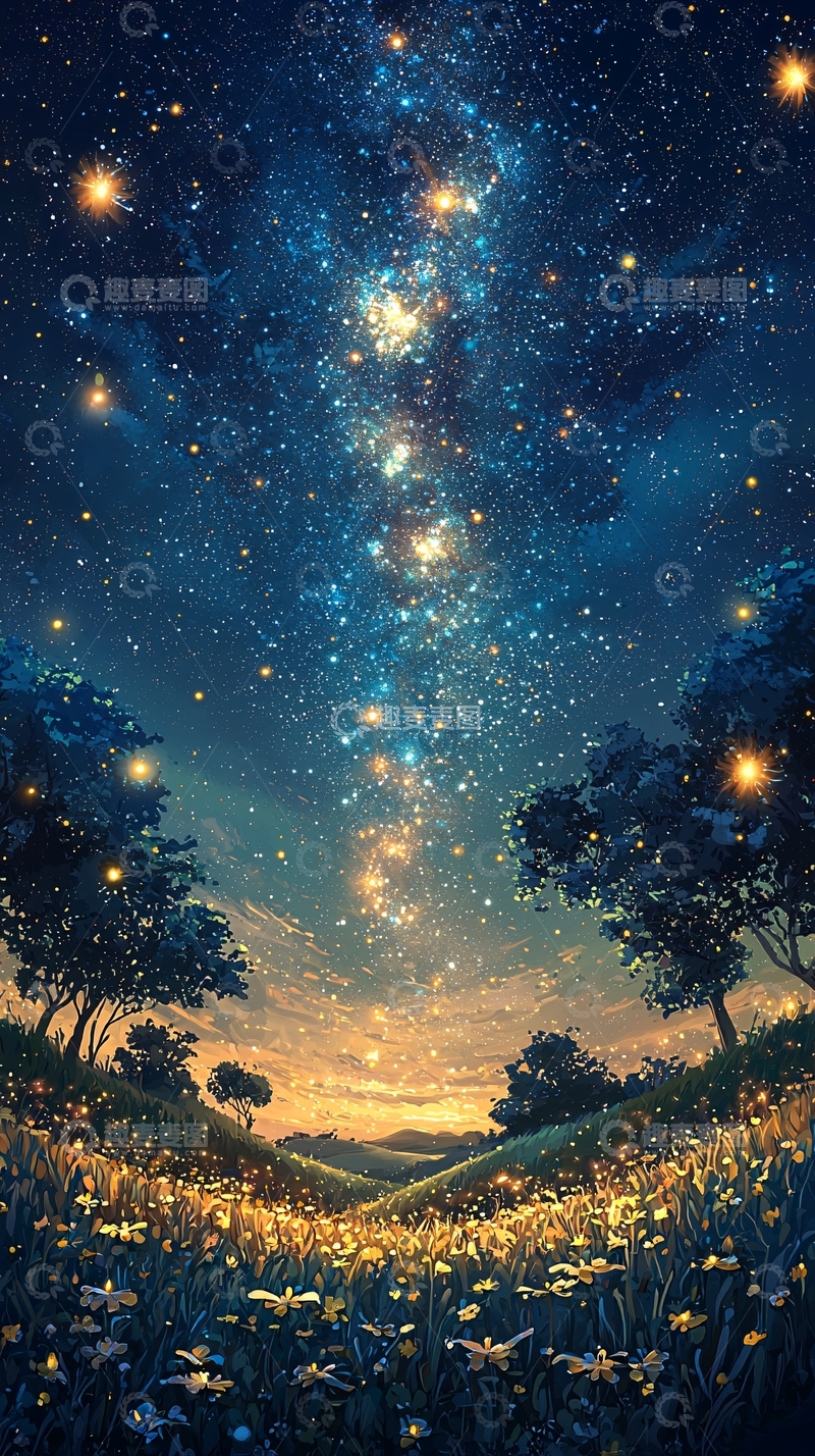 高清大图下载【趣麦麦图】夜空繁星点点下的田野