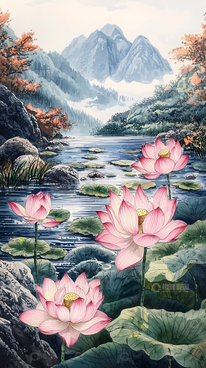 高清大图下载【趣麦麦图】水墨山水荷花