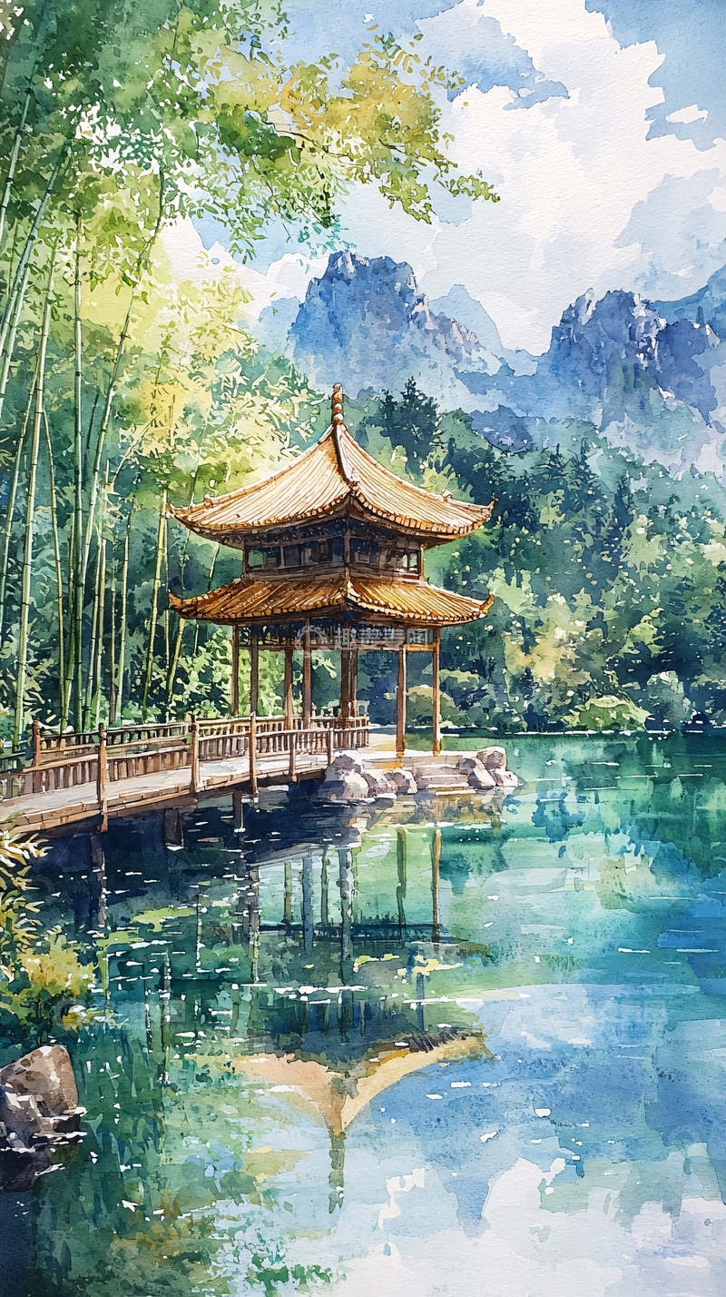 高清大图下载【趣麦麦图】水墨山水亭台楼阁风景画