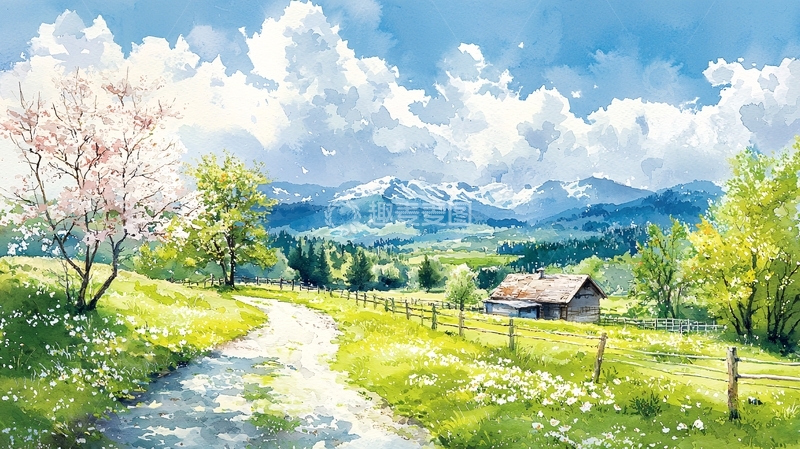 高清大图下载【趣麦麦图】水彩风景田园小屋
