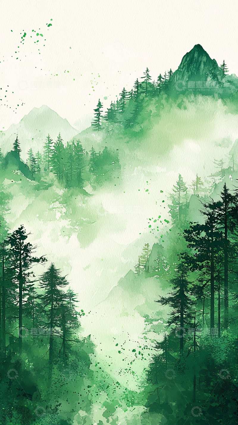 高清大图下载【趣麦麦图】翠绿山峦间的朦胧水墨意境