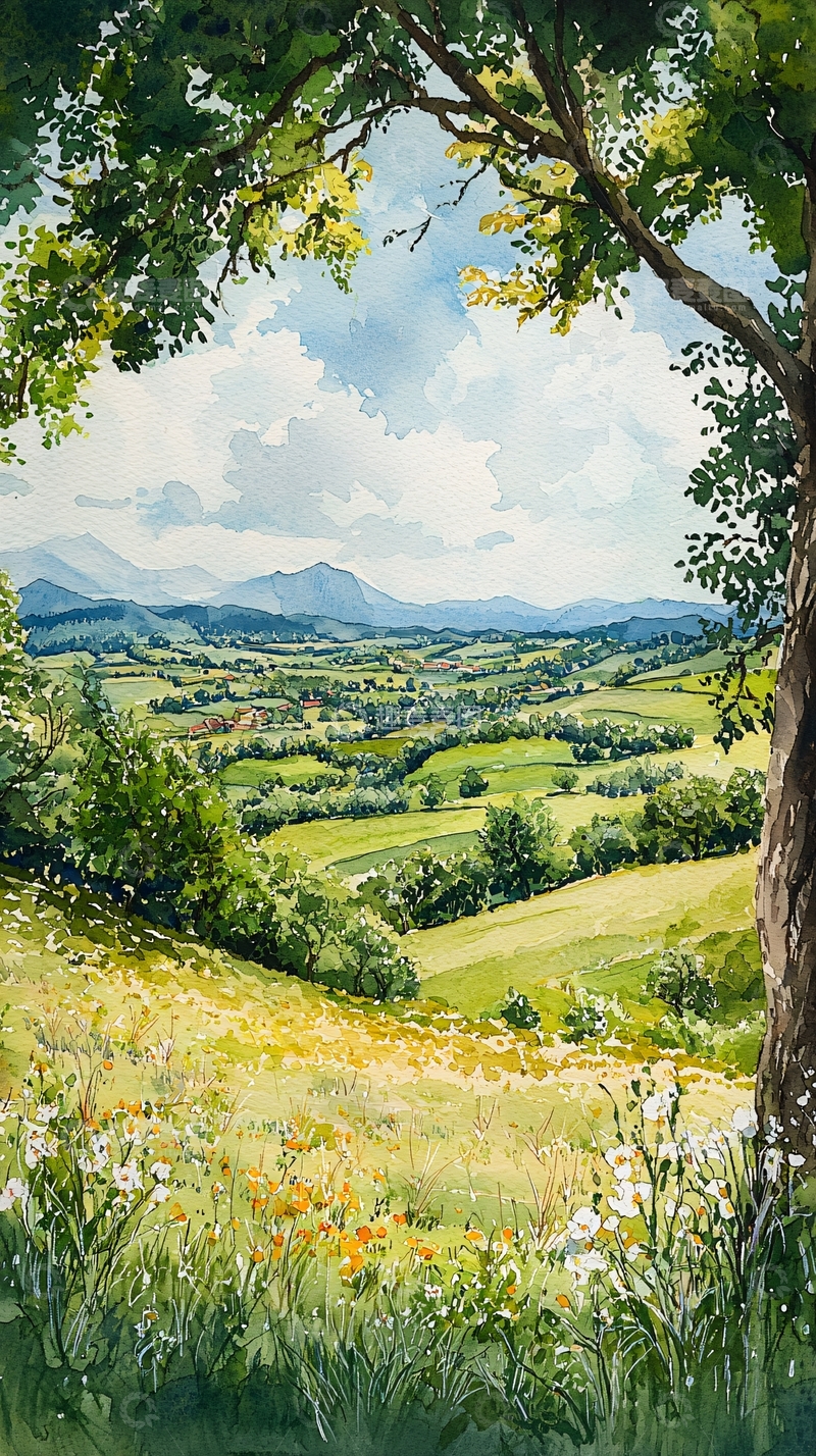 高清大图下载【趣麦麦图】树荫下眺望的田园风光