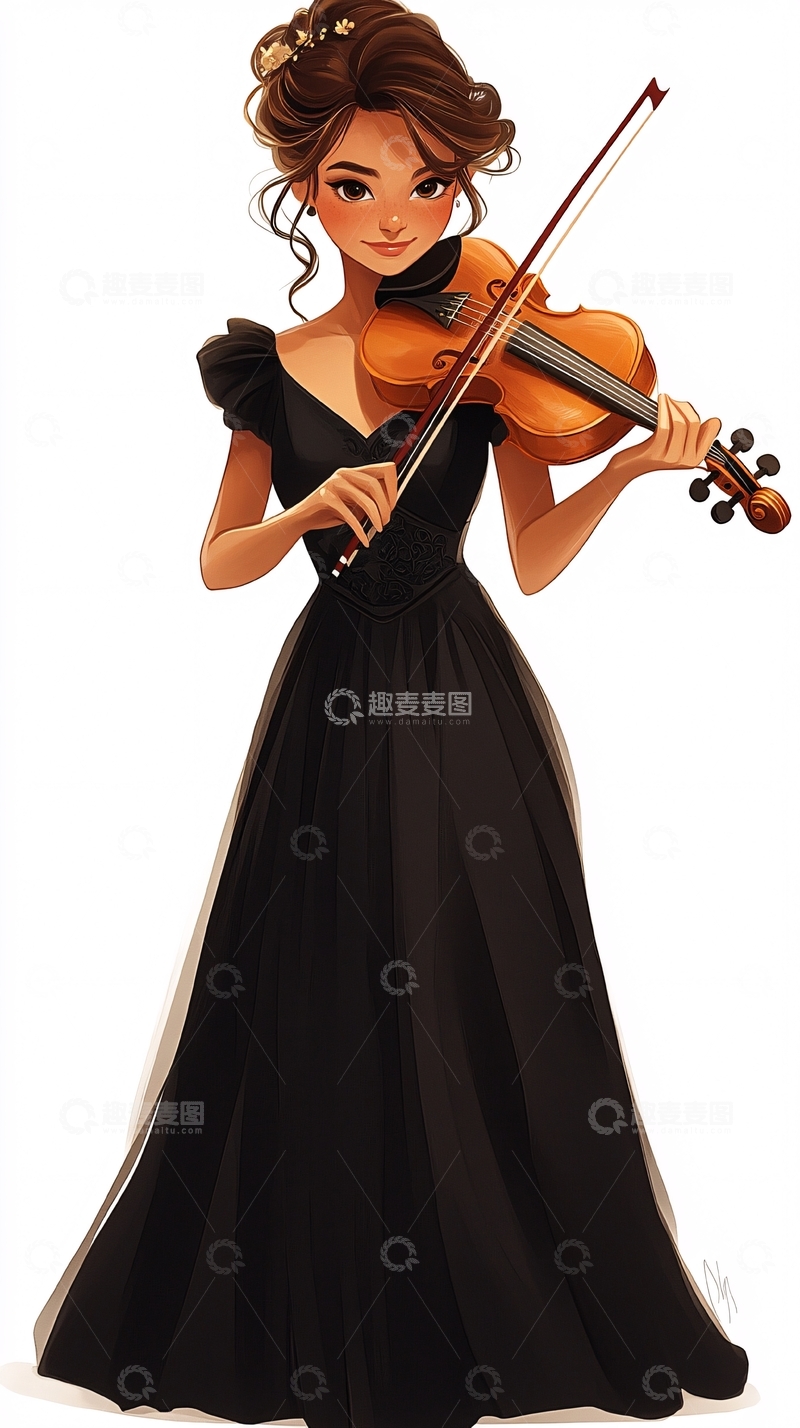 高清大图下载【趣麦麦图】穿着黑裙演奏小提琴的女孩