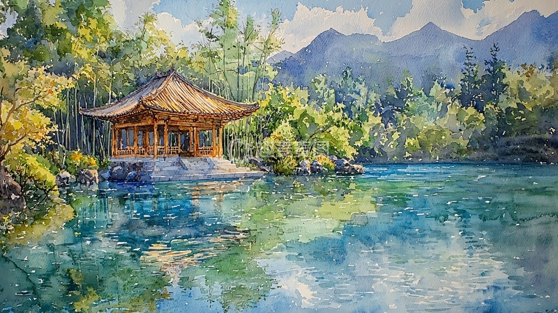 高清大图下载【趣麦麦图】水彩风格山水亭台倒影