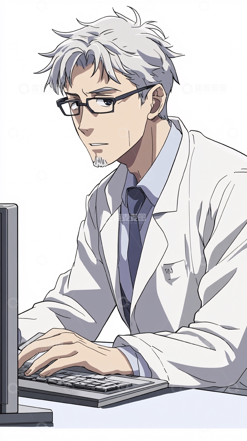 高清大图下载【趣麦麦图】白发眼镜男医生电脑