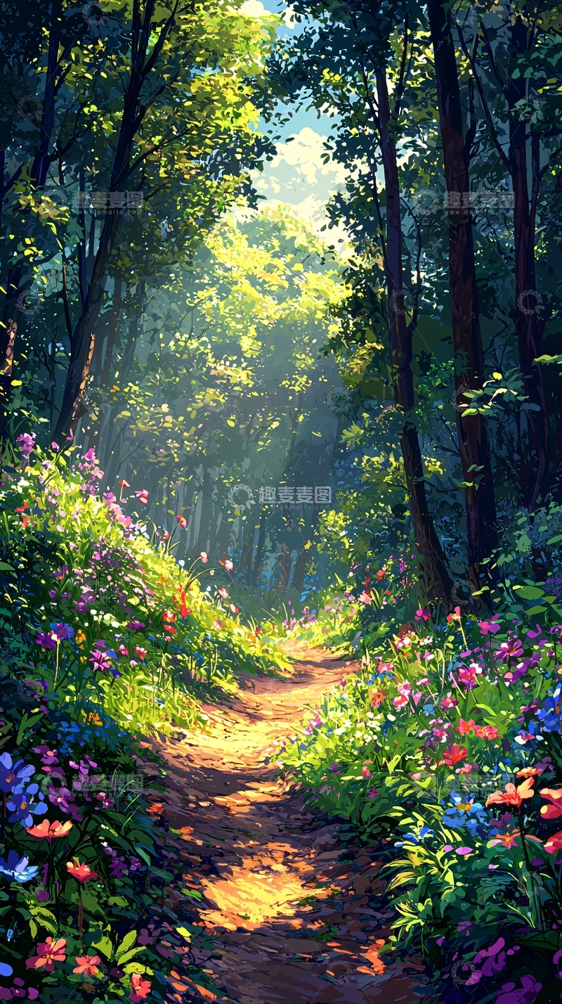 高清大图下载【趣麦麦图】森林小路鲜花盛开