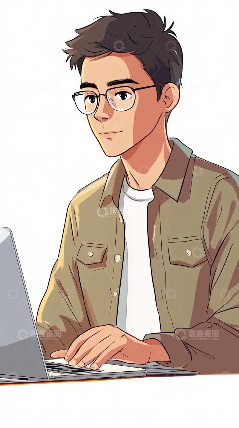 高清大图下载【趣麦麦图】戴眼镜男生用笔记本电脑
