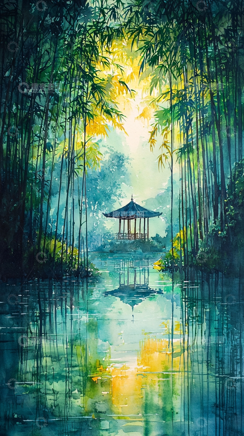 高清大图下载【趣麦麦图】水面倒影的竹林亭台