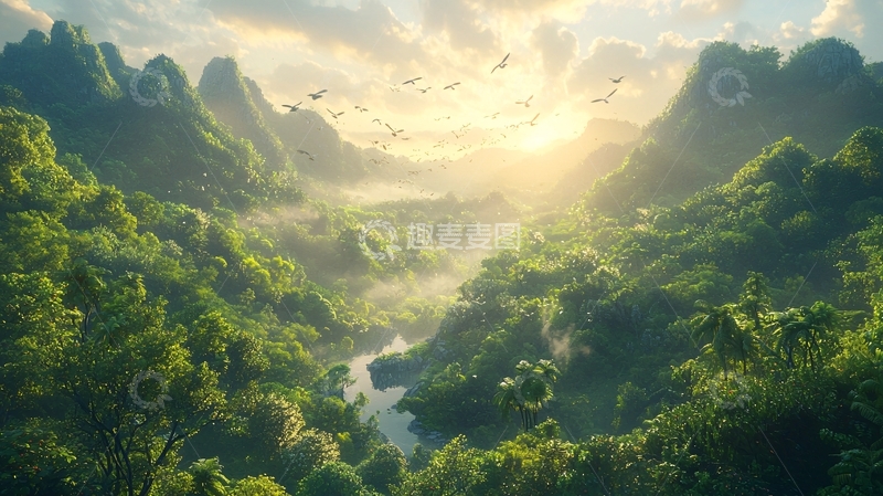 高清大图下载【趣麦麦图】日出山峦峡谷河流绿植