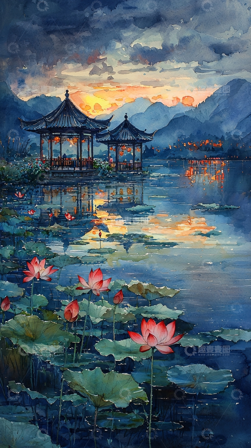 高清大图下载【趣麦麦图】水墨风亭台楼阁莲花唯美意境