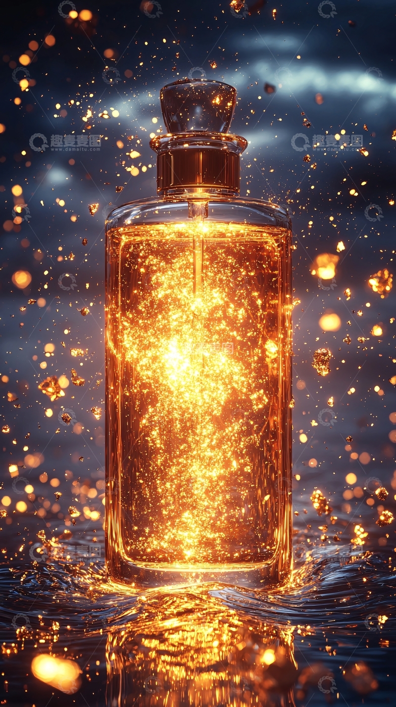 高清大图下载【趣麦麦图】闪耀金色液体香水瓶