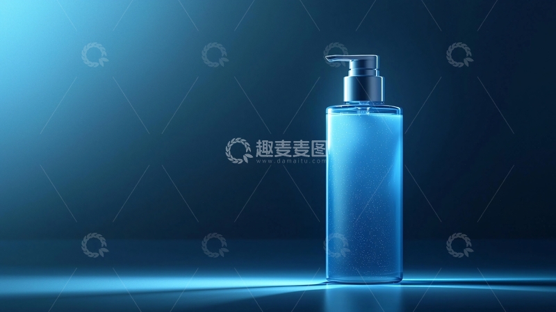 高清大图下载【趣麦麦图】蓝色背景下的洗护用品瓶