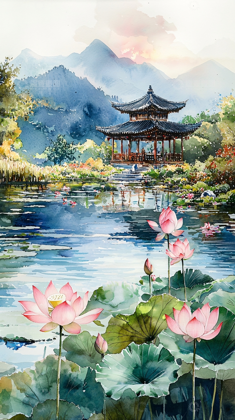高清大图下载【趣麦麦图】水墨风荷花亭子山水画
