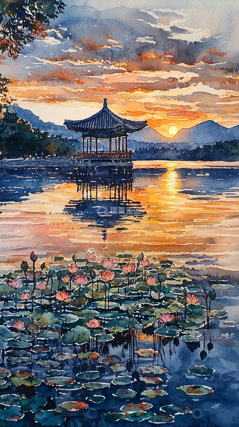 高清大图下载【趣麦麦图】水彩画日出