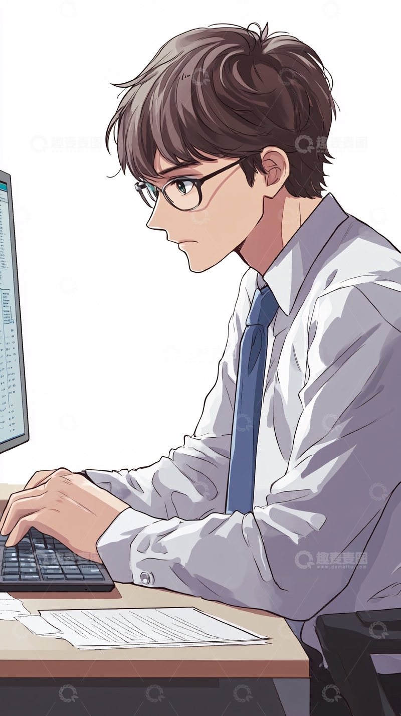 高清大图下载【趣麦麦图】戴眼镜的男生电脑办公