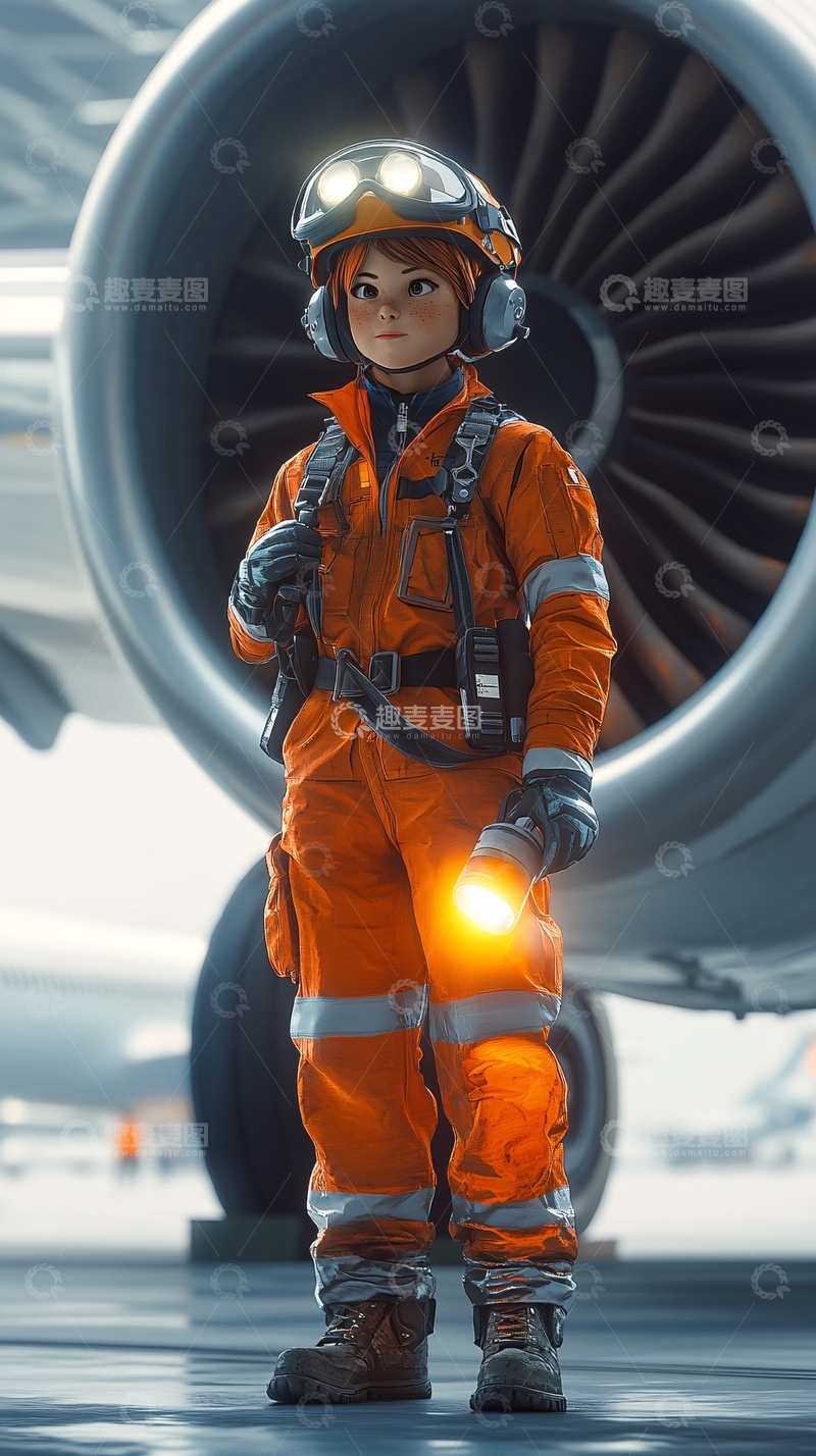 高清大图下载【趣麦麦图】飞机维修员女孩