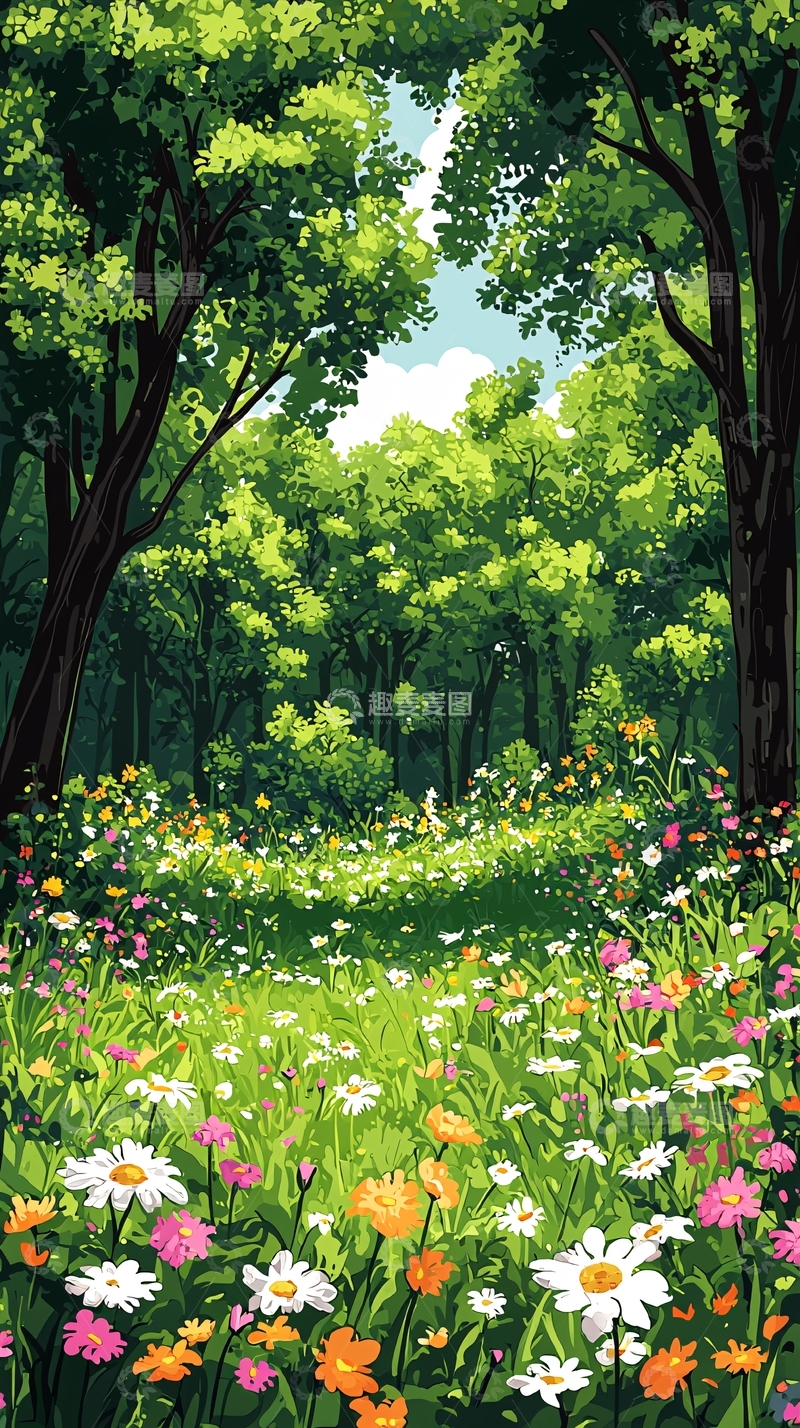 高清大图下载【趣麦麦图】森林中的鲜花草地