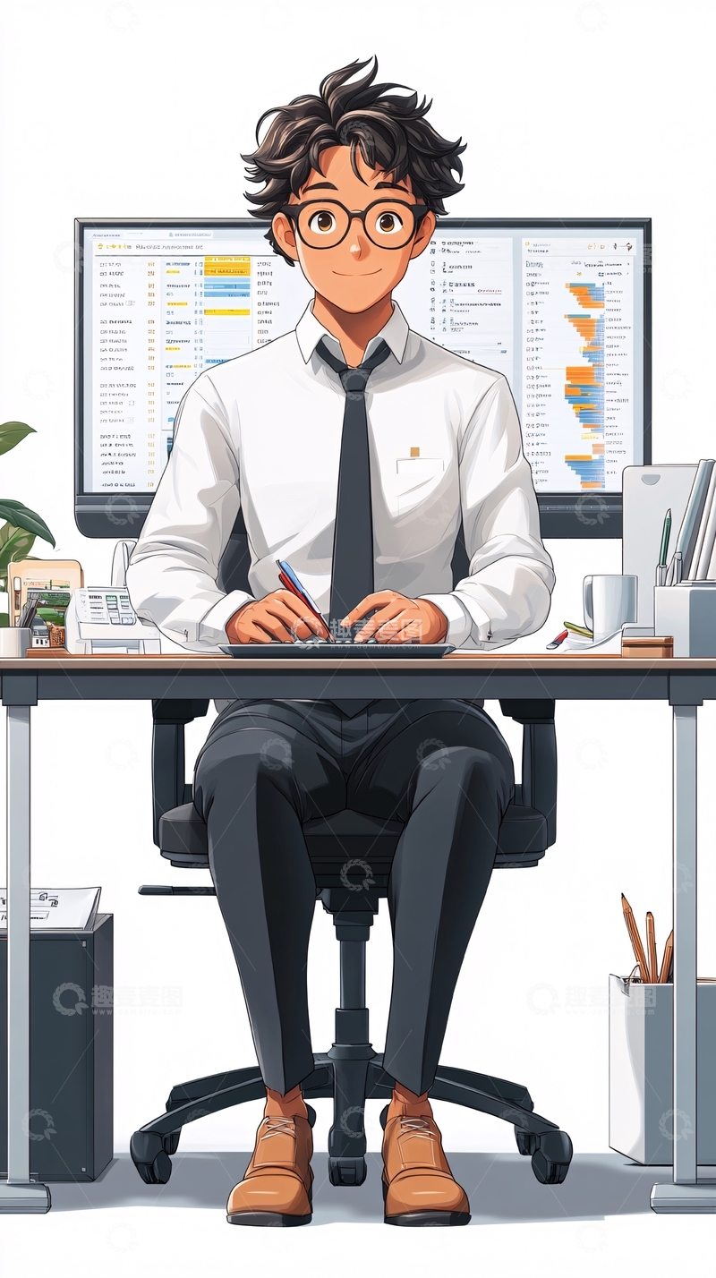 高清大图下载【趣麦麦图】戴眼镜的年轻男性办公插画