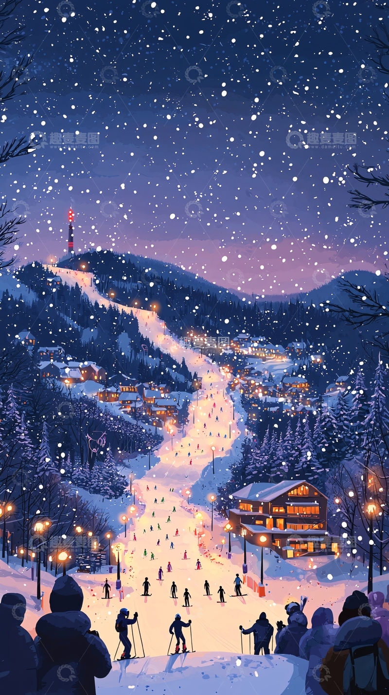 高清大图下载【趣麦麦图】冬夜雪景滑雪度假村
