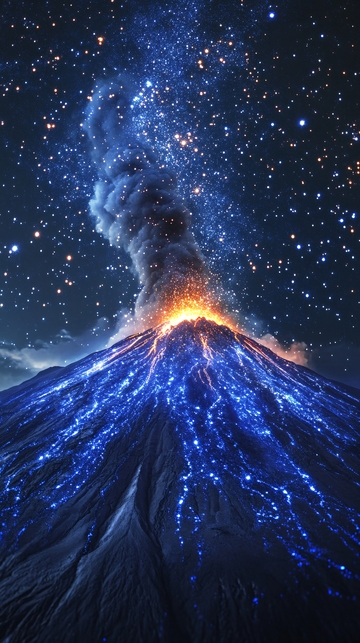 星空下蓝色火山喷发