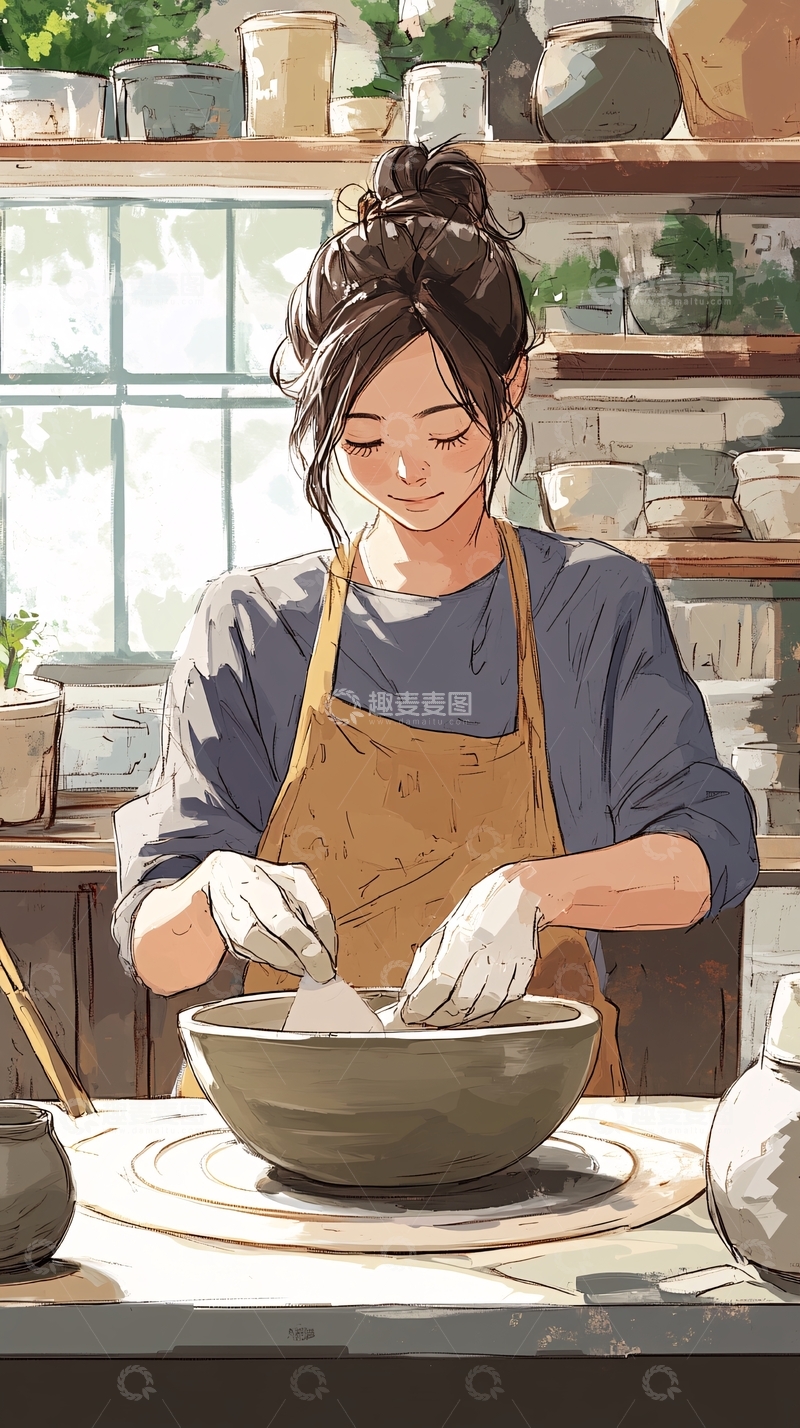 高清大图下载【趣麦麦图】陶艺女孩