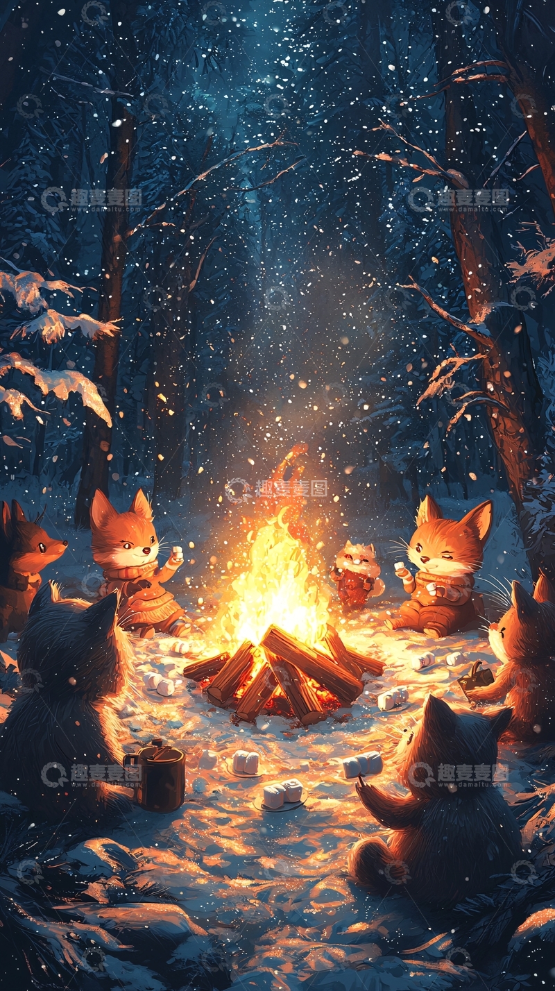 高清大图下载【趣麦麦图】小狐狸围炉夜话