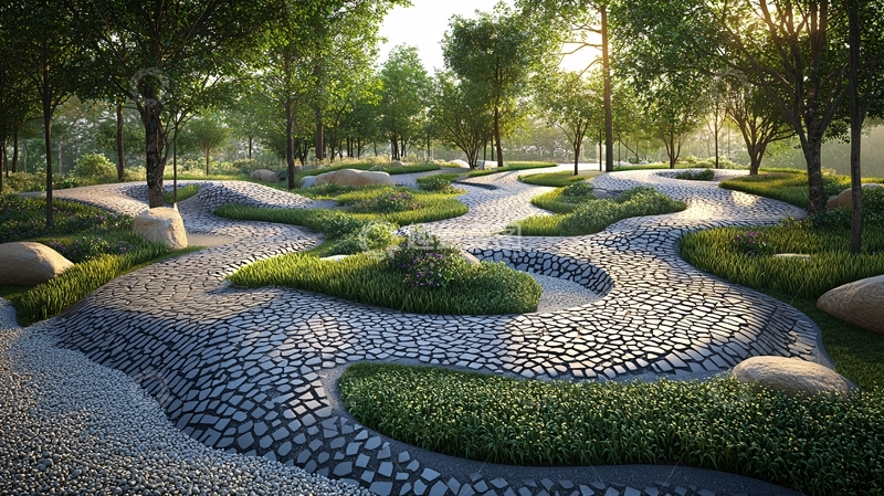 高清大图下载【趣麦麦图】阳光洒满绿意石子路