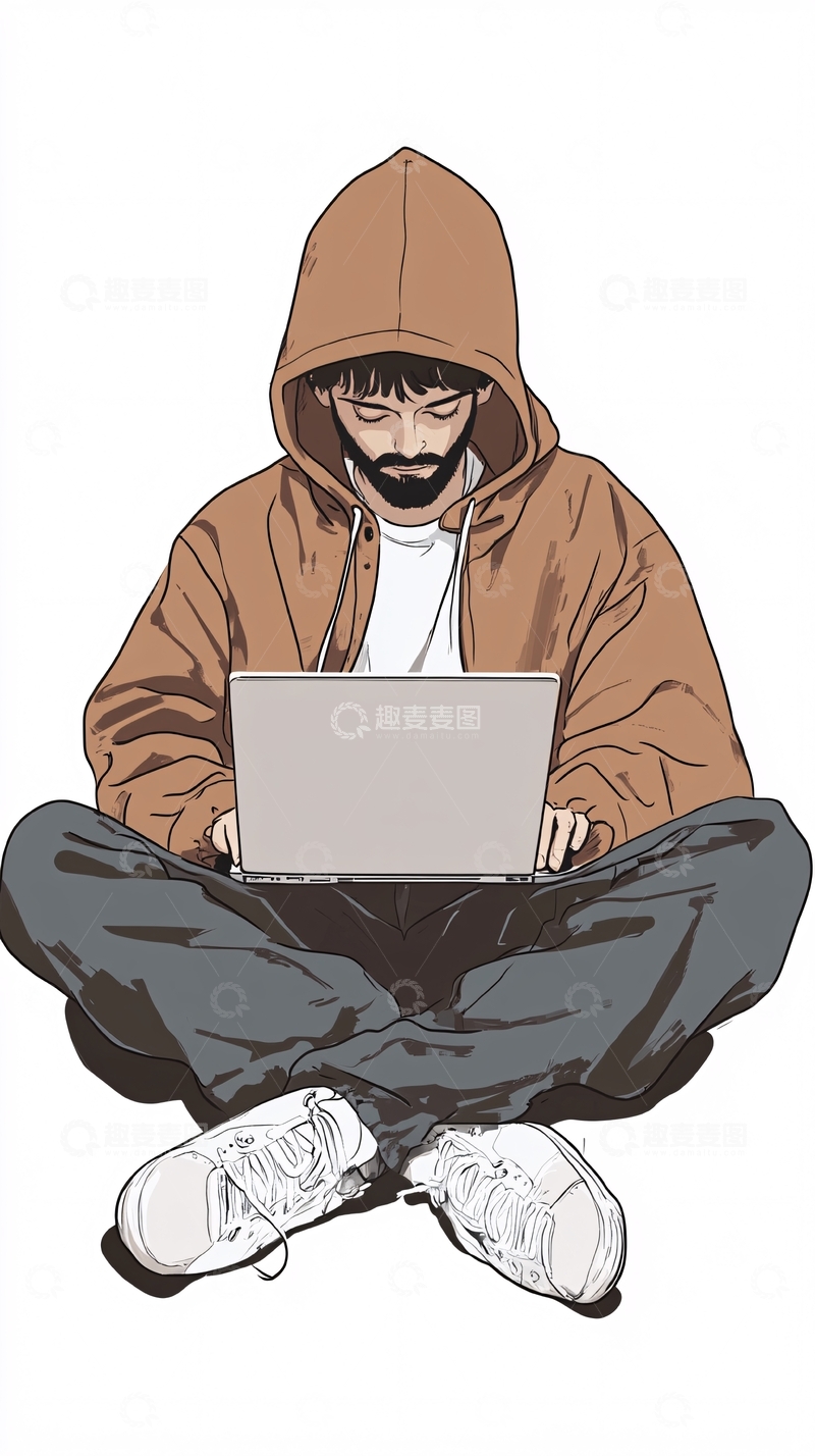 高清大图下载【趣麦麦图】戴帽衫男人用笔记本电脑工作