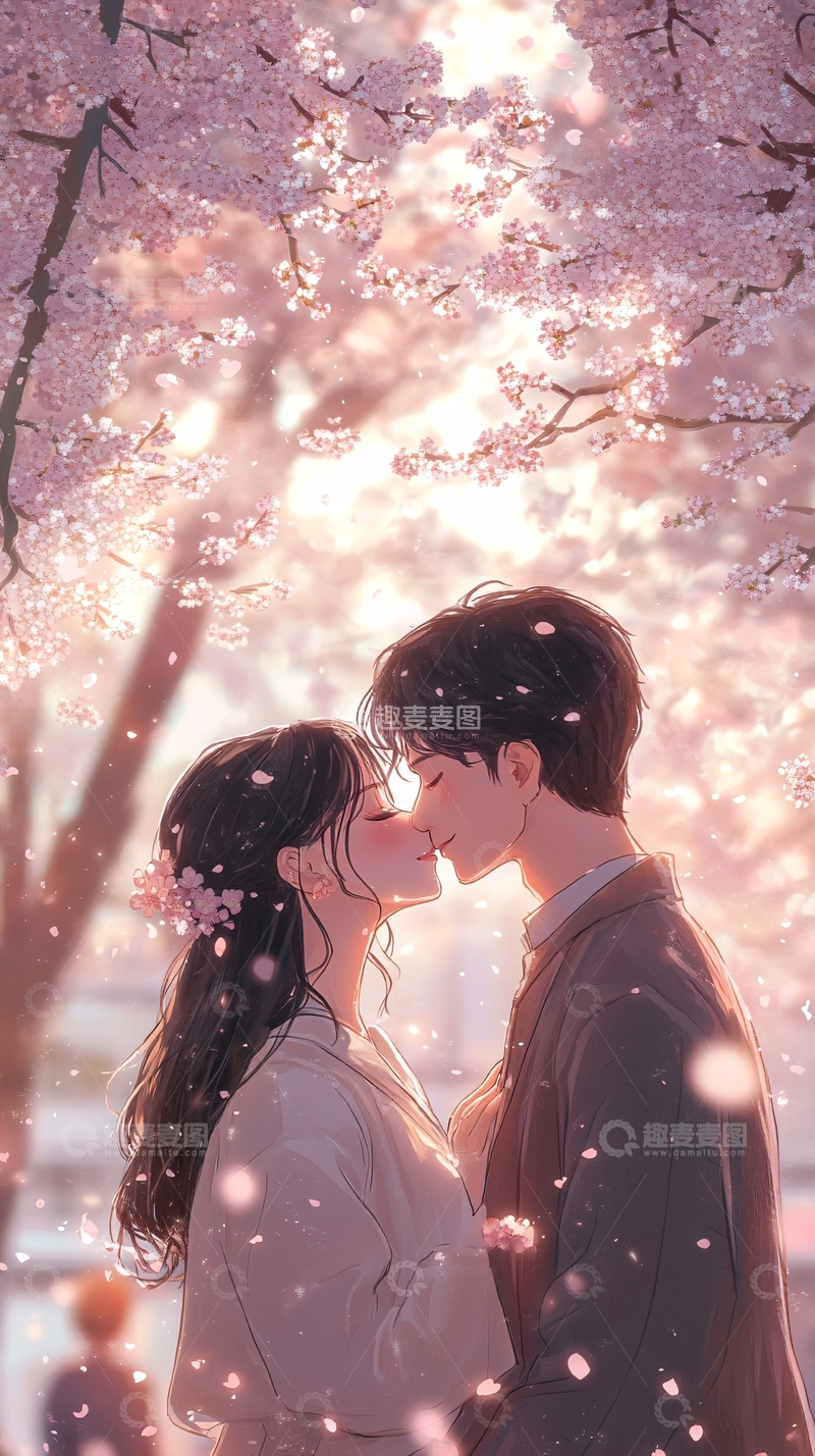 高清大图下载【趣麦麦图】樱花树下甜蜜亲吻