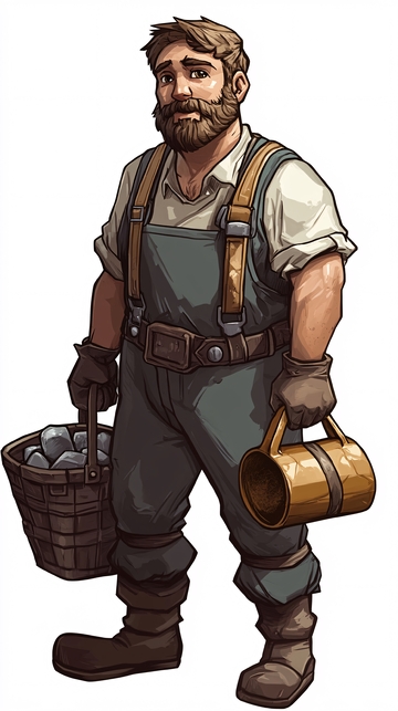 健壮的矿工提着矿石和酒杯