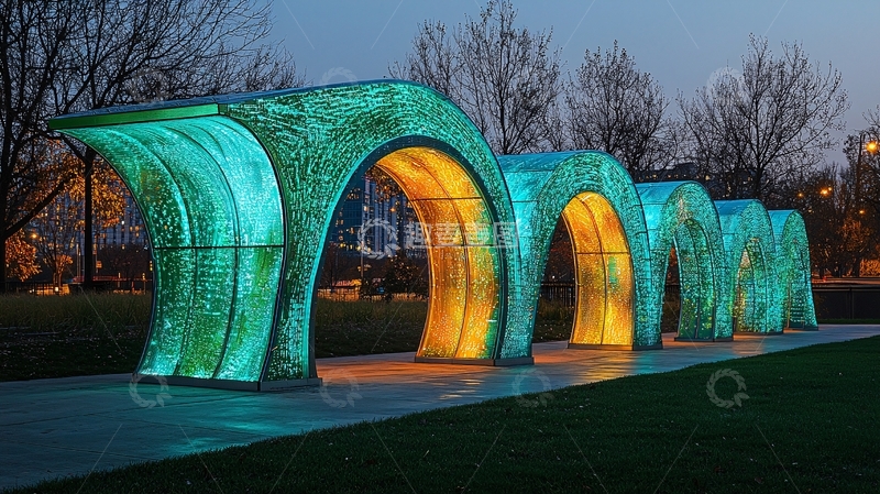 高清大图下载【趣麦麦图】夜色下发光的拱形玻璃装置