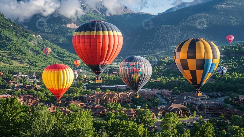 高清大图下载【趣麦麦图】热气球飞跃山谷小镇